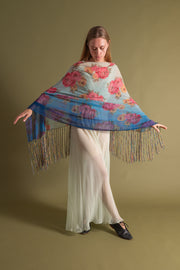 1920s Vibrant Ombré Floral Silk Chiffon Shawl