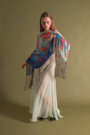 1920s Vibrant Ombré Floral Silk Chiffon Shawl