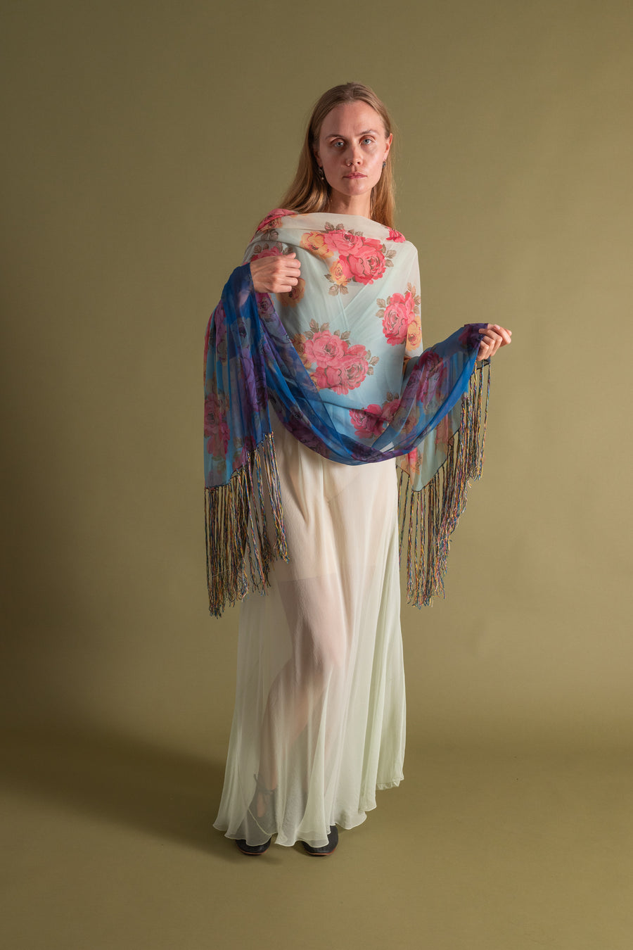 1920s Vibrant Ombré Floral Silk Chiffon Shawl