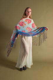 1920s Vibrant Ombré Floral Silk Chiffon Shawl