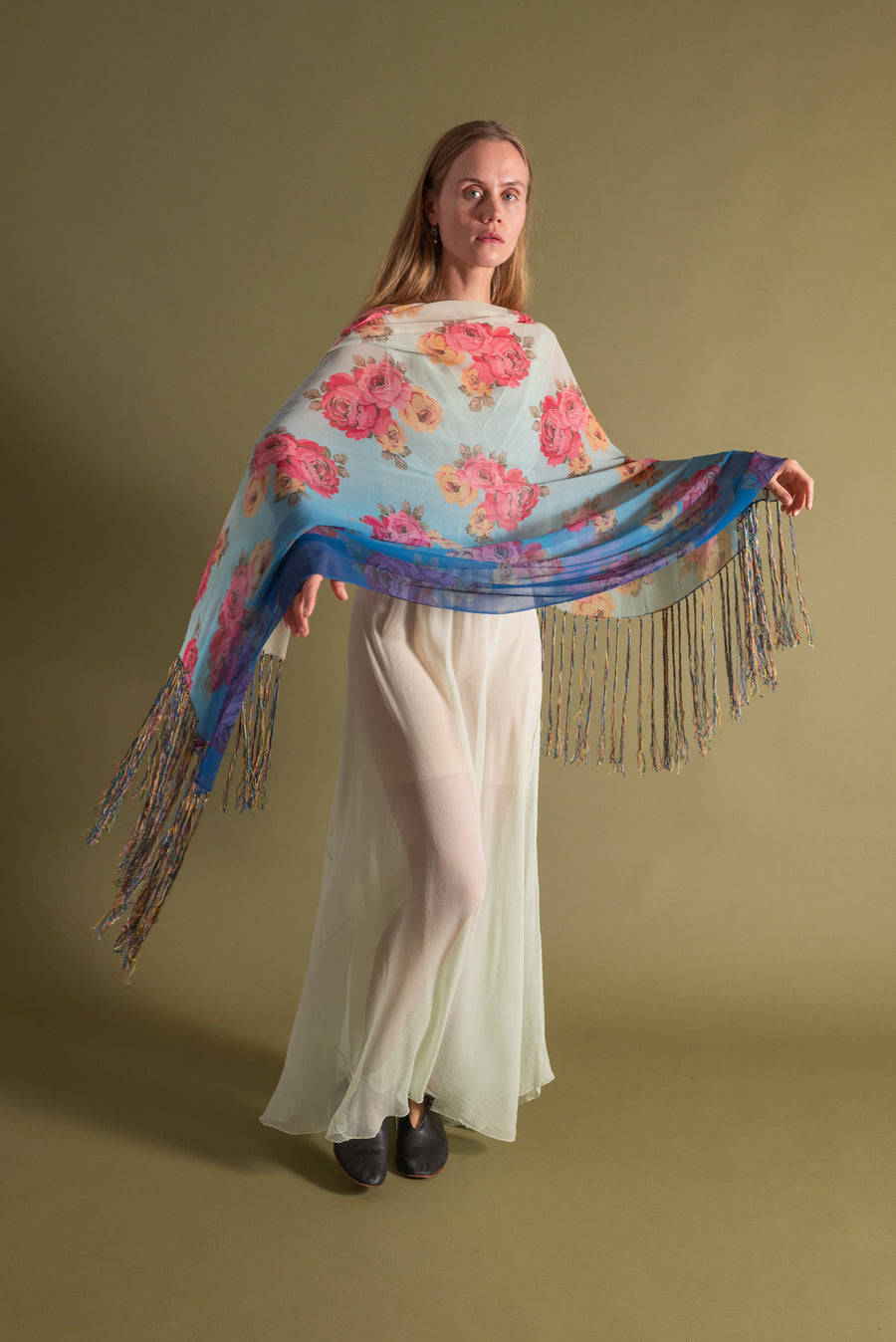 1920s Vibrant Ombré Floral Silk Chiffon Shawl