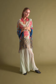 1920s Vibrant Ombré Floral Silk Chiffon Shawl