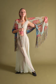 1920s Vibrant Ombré Floral Silk Chiffon Shawl