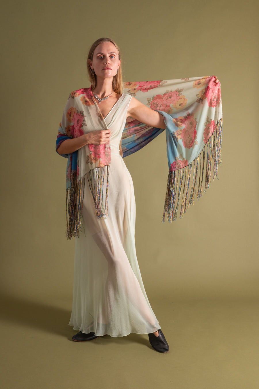 1920s Vibrant Ombré Floral Silk Chiffon Shawl