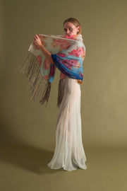 1920s Vibrant Ombré Floral Silk Chiffon Shawl