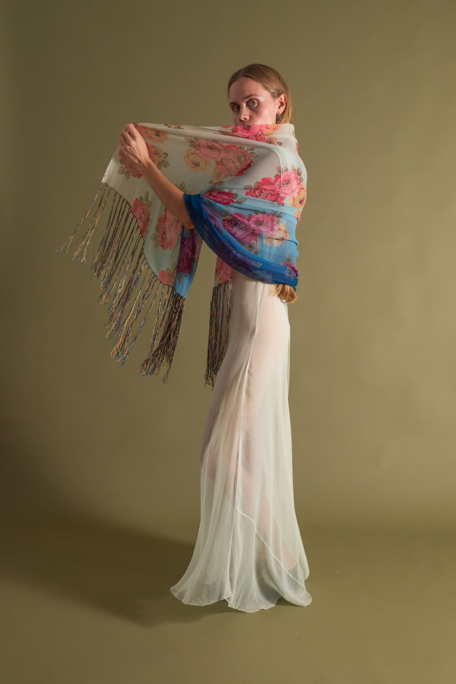 1920s Vibrant Ombré Floral Silk Chiffon Shawl
