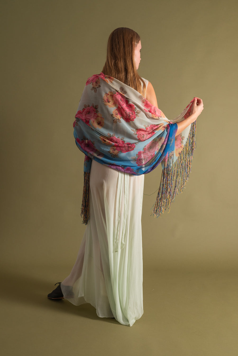 1920s Vibrant Ombré Floral Silk Chiffon Shawl