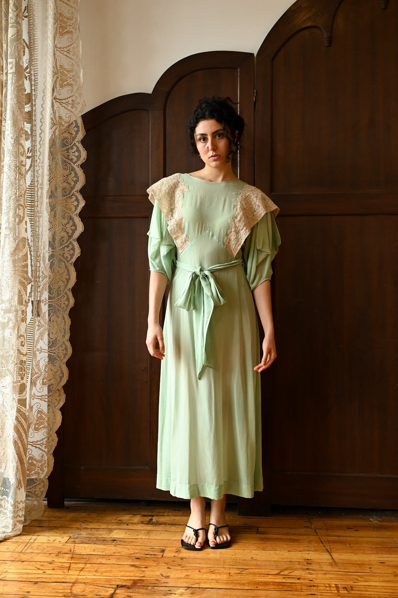 green 1930s dress Mint Silk + French Lace Wrap Bouquet Flower Ideas for category_3: Maxi Dress this Retro Stage green Color:As Picture