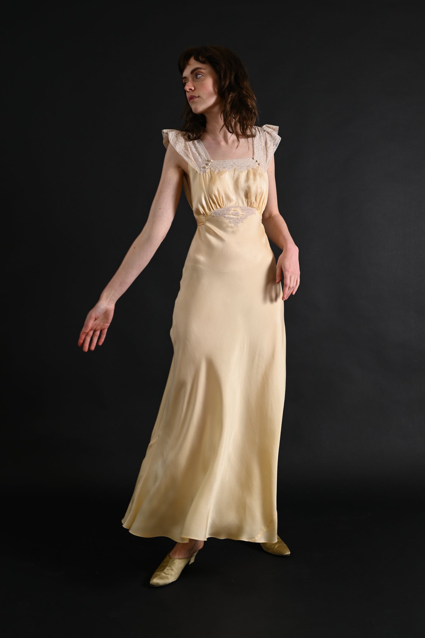 green emerald velvet dress 1930s Butter Yellow Silk and Lace Gown [xs/sm] – Demetra Vintage