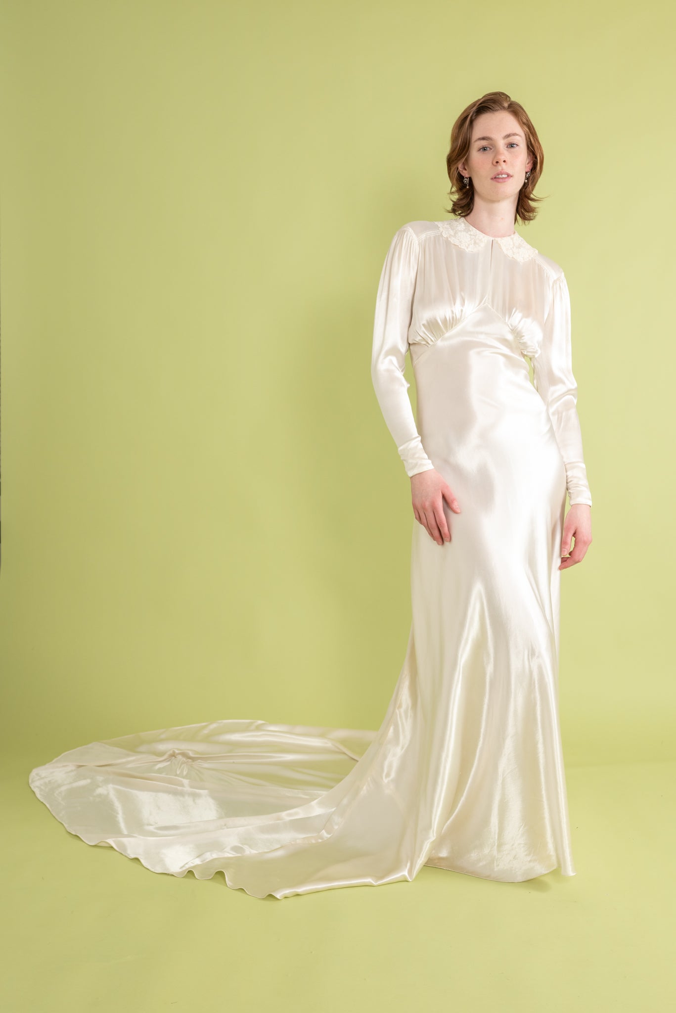 1930s Silk Bridal Gown with French Lace Collar xs sm