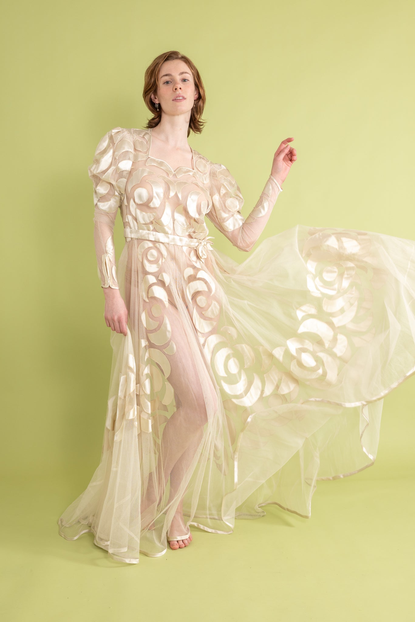 1930s Silk Tulle Satin Appliqu Gown [sm/med]  Demetra Vintage