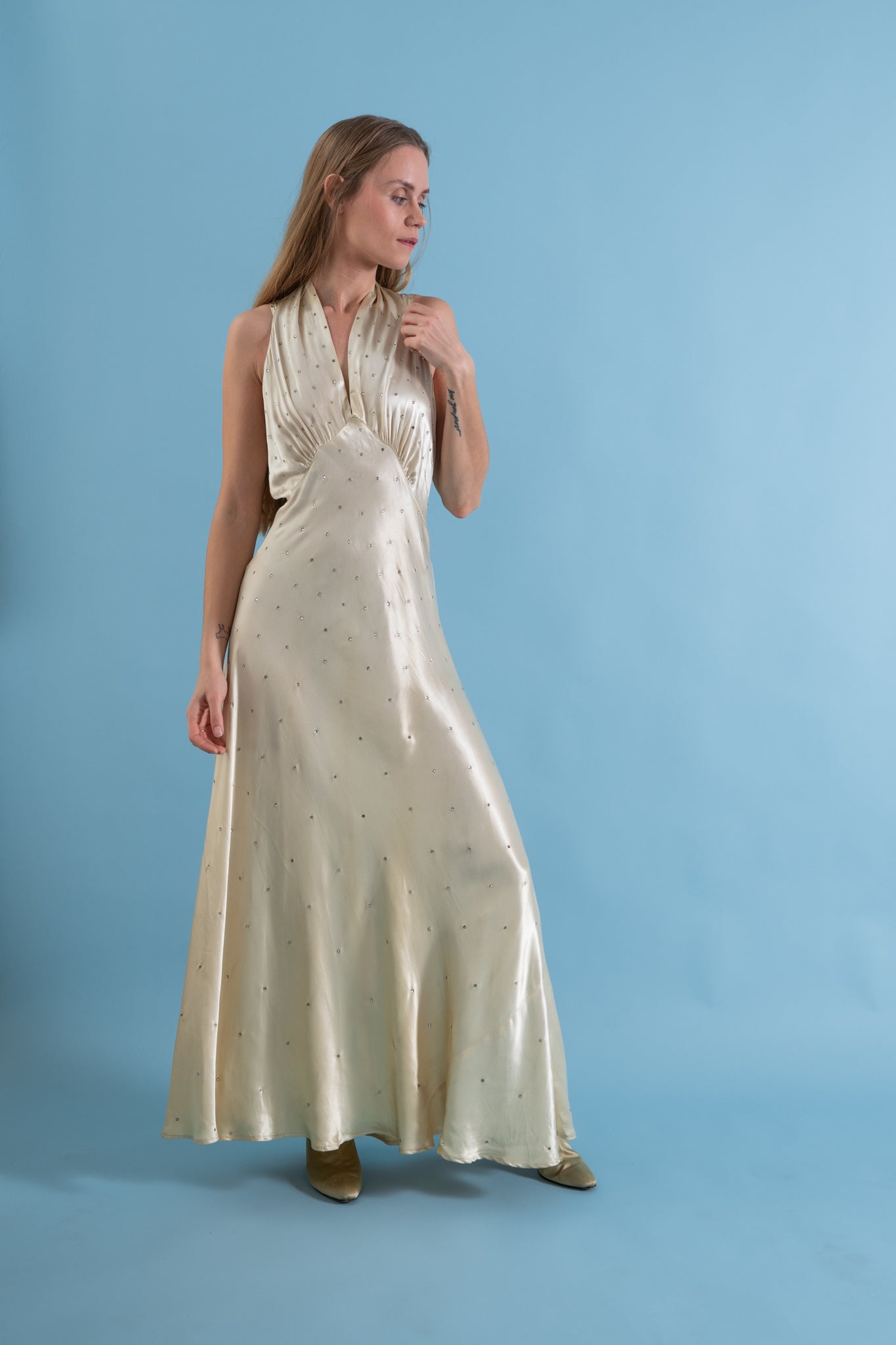1930s Old Hollywood Silk Rhinestone Gown [xs/sm/med] – Demetra Vintage