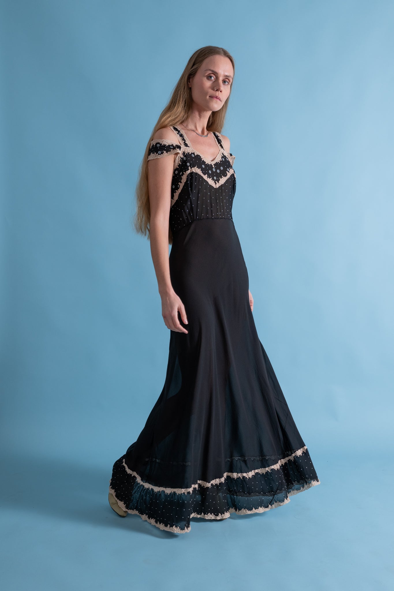 black 1930s dress 1930s black sheer lace tuxedo ruffle dress – persephone vintage