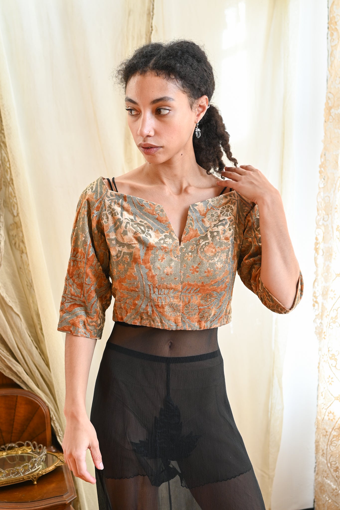 1960s Custom Blouse of Antique Fortuny Stenciled Silk Velvet 
