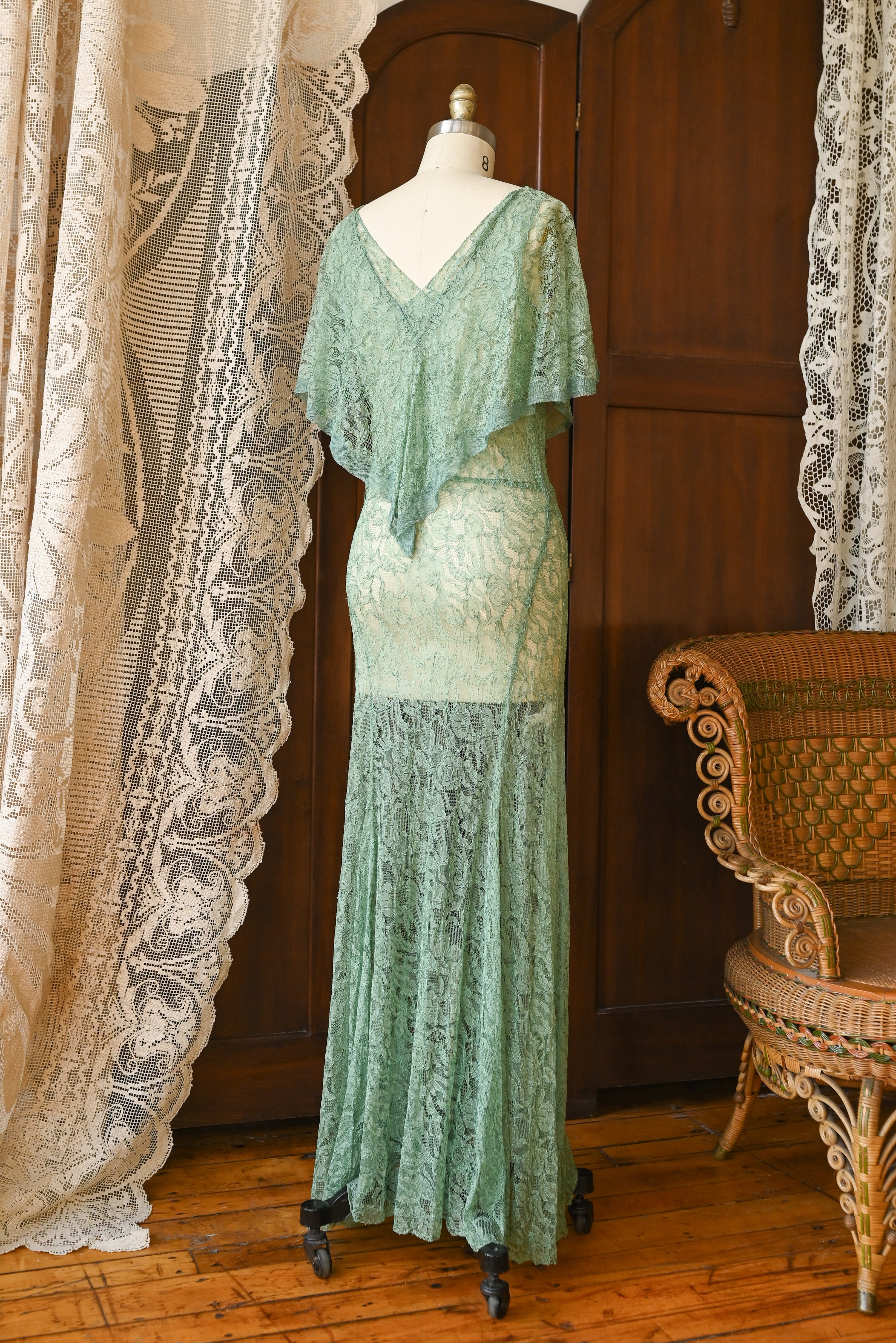 1930s Celadon Lace Capelet Gown Demetra Vintage 