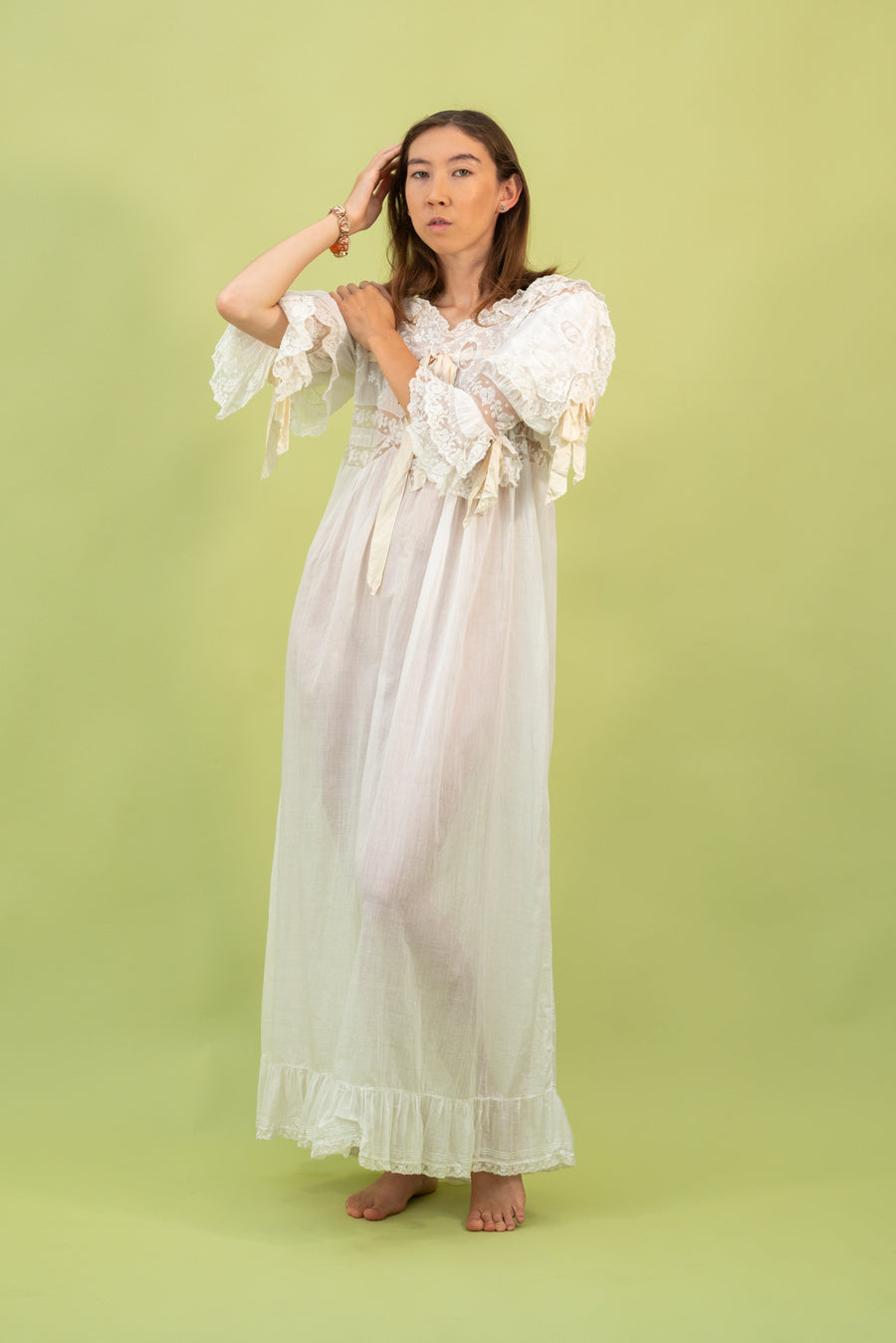 1900s Cotton Insertion Lace Trousseau Gown [xs/sm/med]