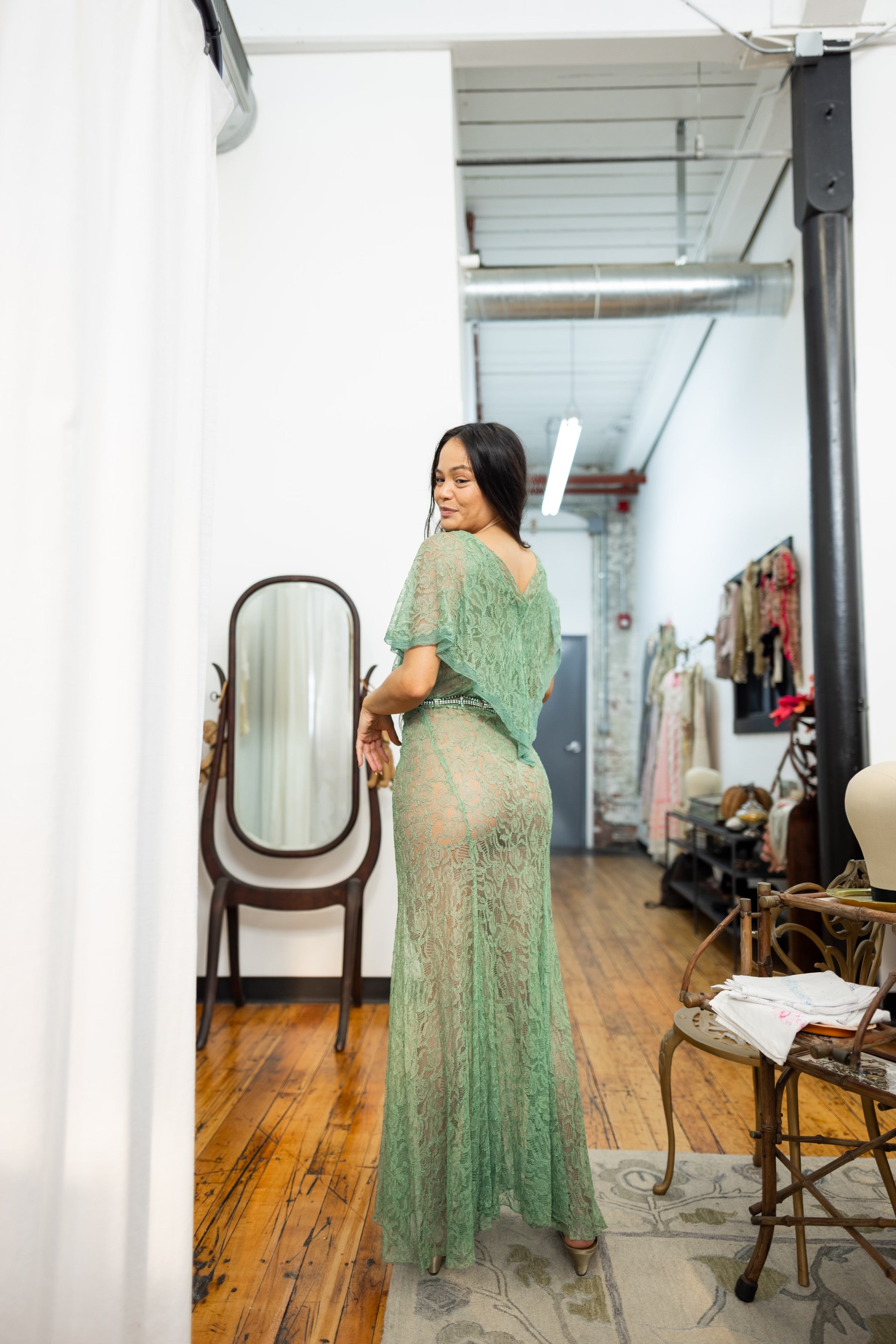 1930s Celadon Lace Capelet Gown