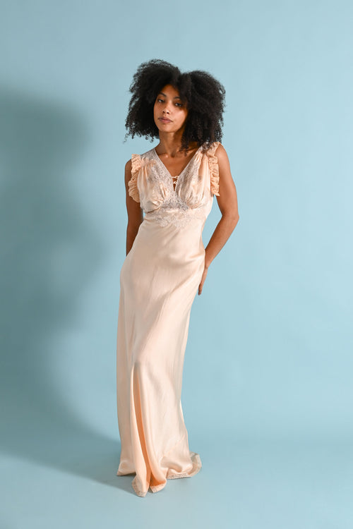 1930s Silk + Lace Appliqué Bias Cut Gown [xs/sm]