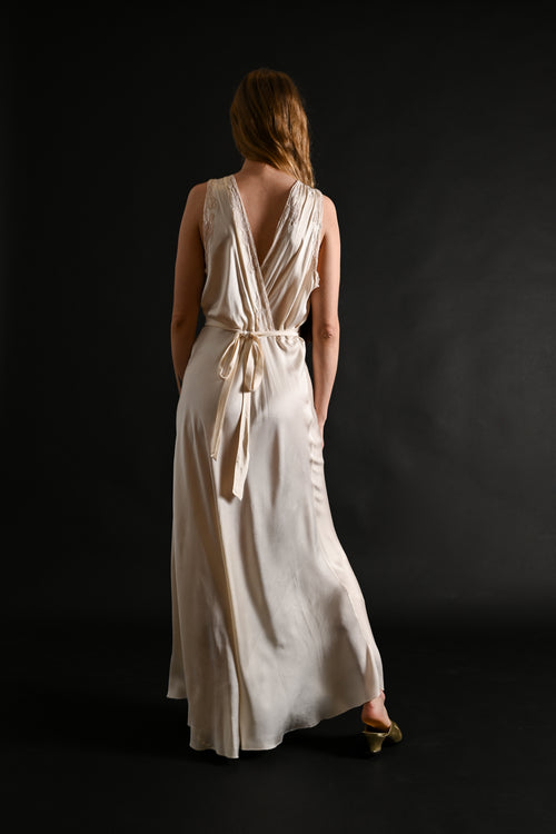 1930s Ivory Silk + French Lace Appliqué Gown [med/lrg]