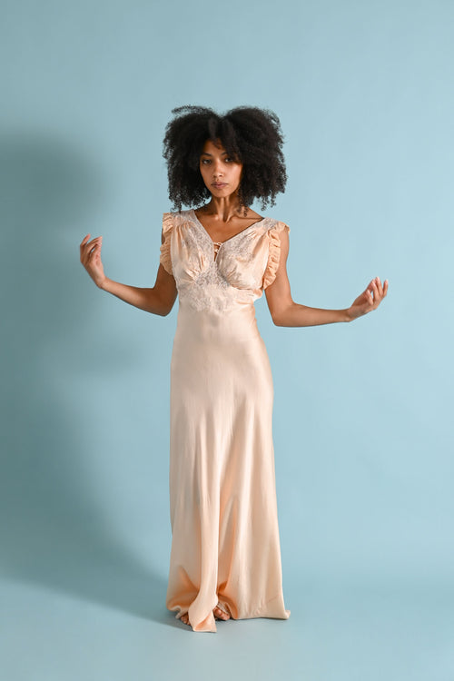 1930s Silk + Lace Appliqué Bias Cut Gown [xs/sm]