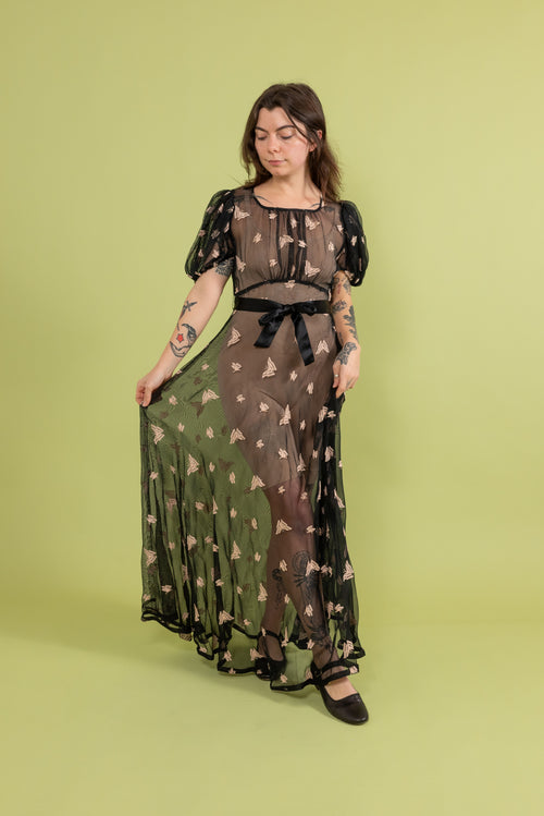 1930s Butterfly Embroidered Mesh Gown [xs/sm]