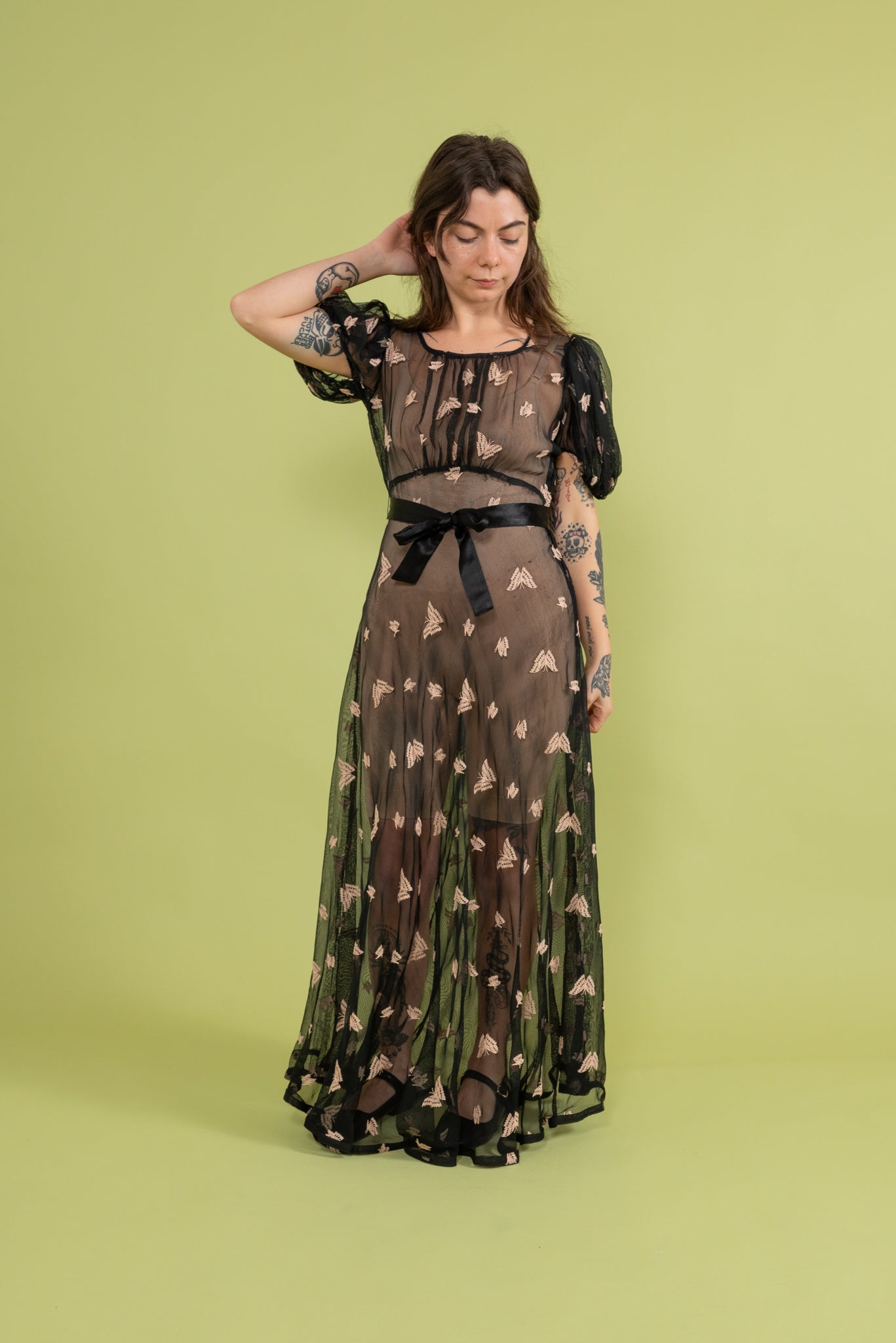 1930s Butterfly Embroidered Mesh Gown [xs/sm]