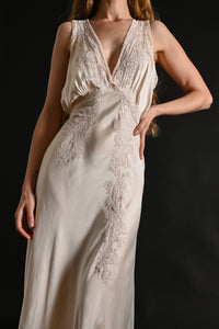 1930s Ivory Silk + French Lace Appliqué Gown [med/lrg]