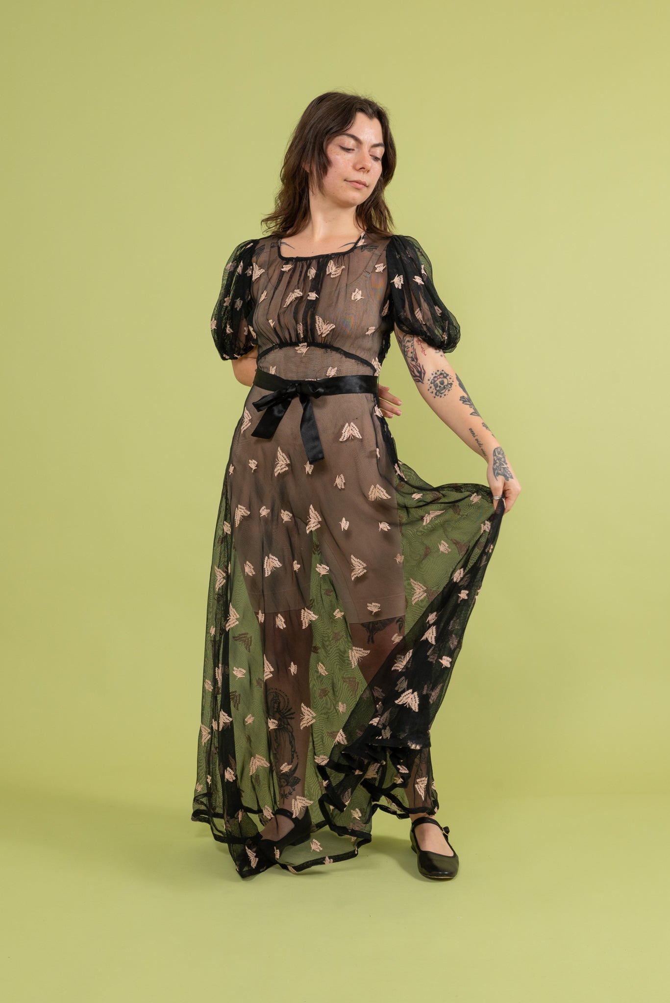 1930s Butterfly Embroidered Mesh Gown [xs/sm]