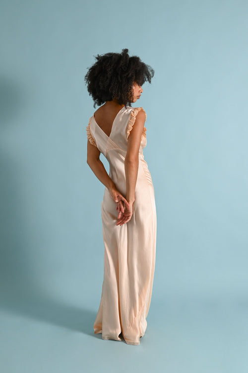 1930s Silk + Lace Appliqué Bias Cut Gown [xs/sm]