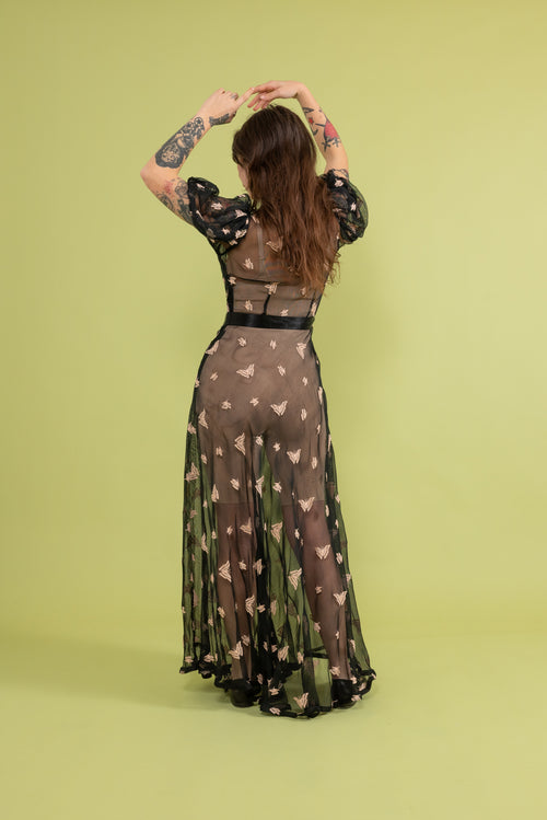 1930s Butterfly Embroidered Mesh Gown [xs/sm]