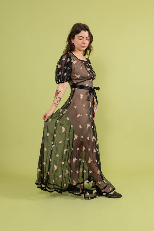 1930s Butterfly Embroidered Mesh Gown [xs/sm]