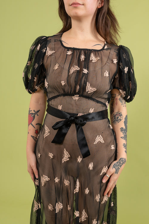 1930s Butterfly Embroidered Mesh Gown [xs/sm]