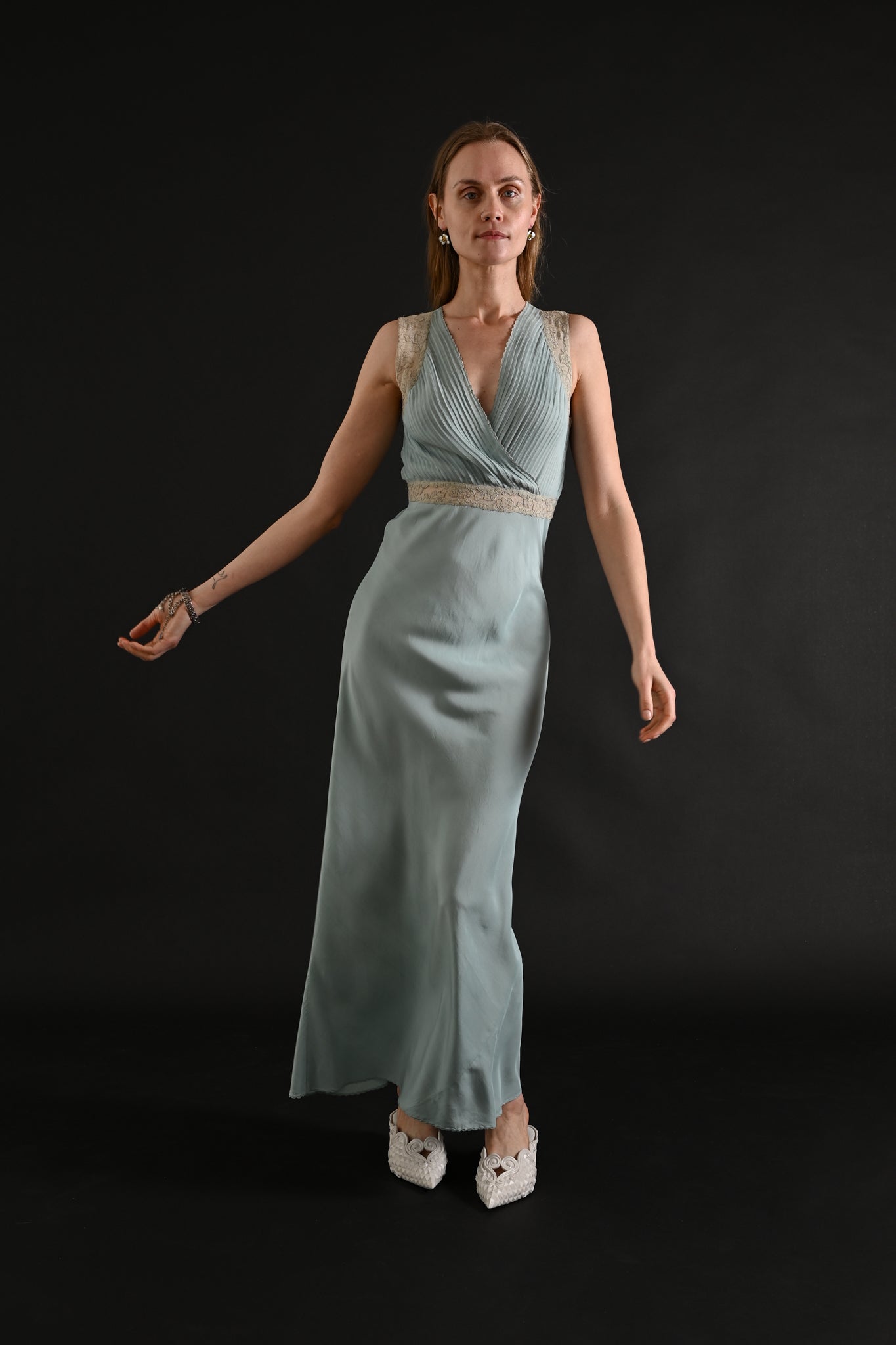 1930s Blue Pleated Silk Embroidered Gown [xs/sm]