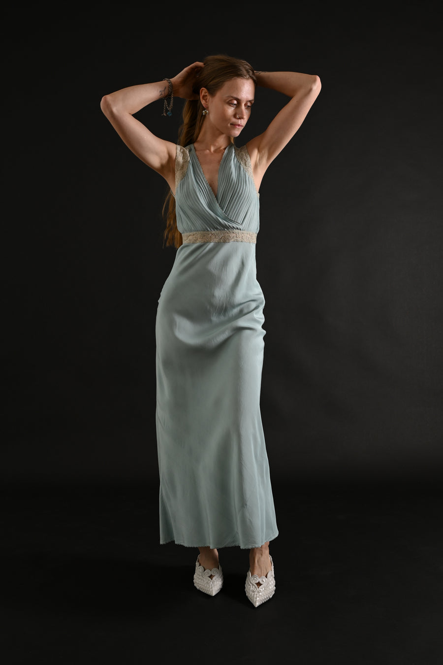 1930s Blue Pleated Silk Embroidered Gown [xs/sm]