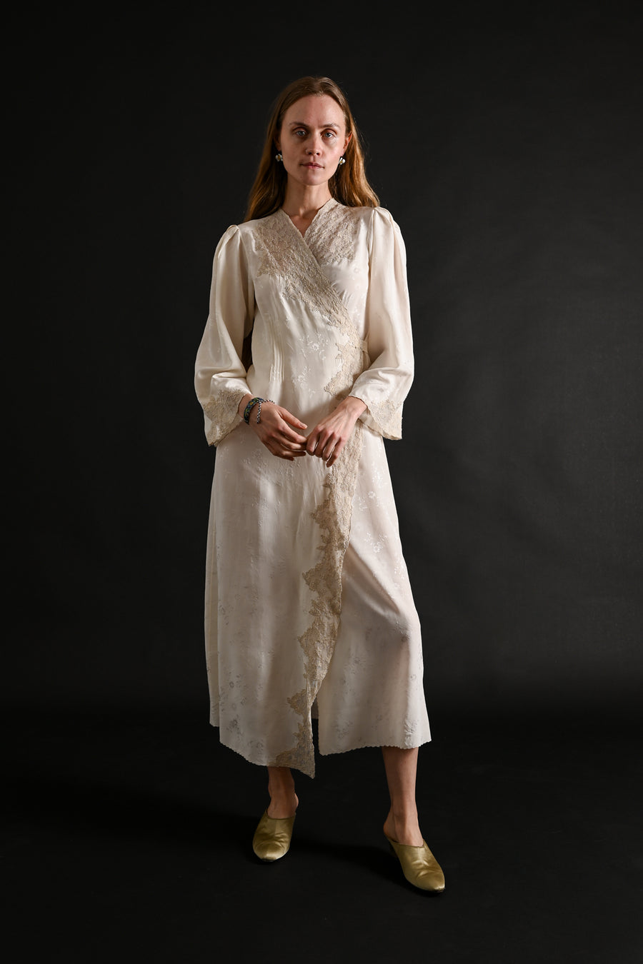 1930s Silk Jacquard Hand Embroidered Wrap Dress [xs/sm/med]