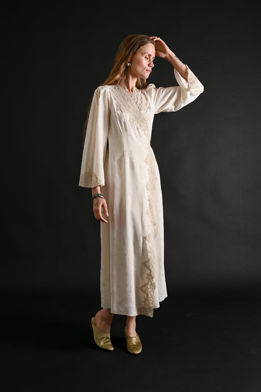 1930s Silk Jacquard Hand Embroidered Wrap Dress [xs/sm/med]
