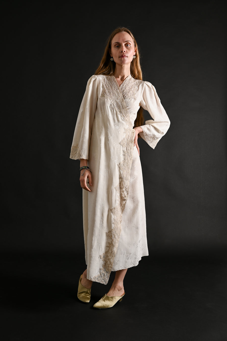 1930s Silk Jacquard Hand Embroidered Wrap Dress [xs/sm/med]