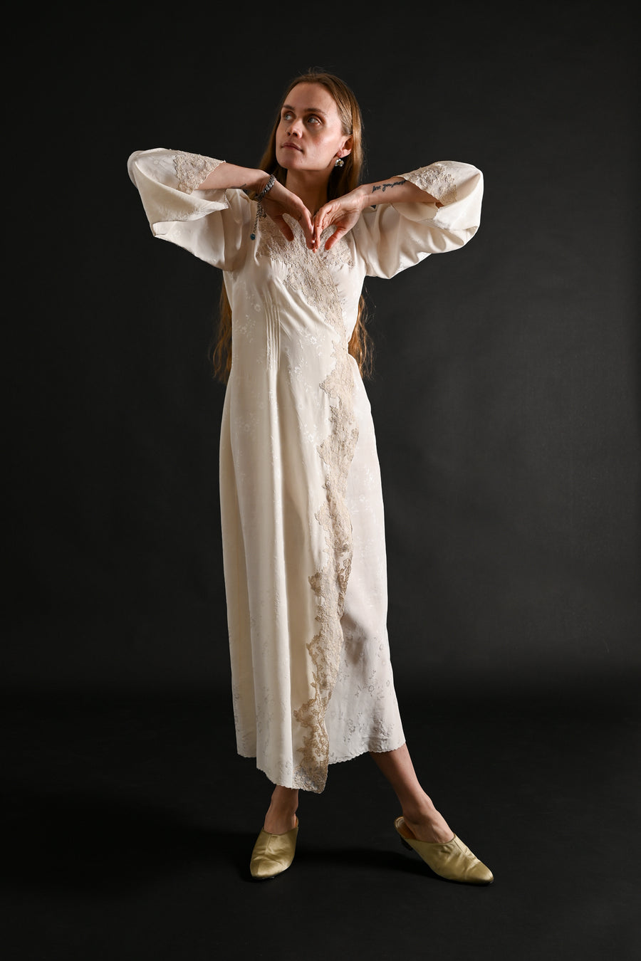 1930s Silk Jacquard Hand Embroidered Wrap Dress [xs/sm/med]