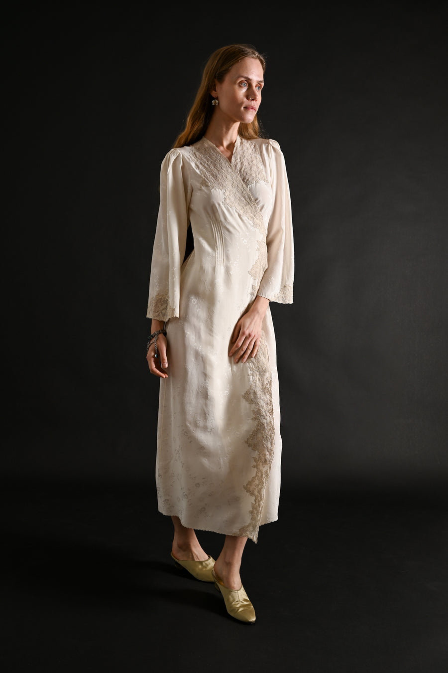 1930s Silk Jacquard Hand Embroidered Wrap Dress [xs/sm/med]