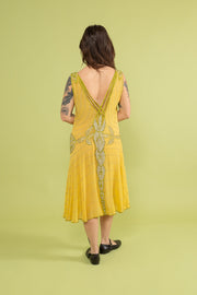 1920s Chartreuse Silk Diamanté Flapper Gown [xs/sm]