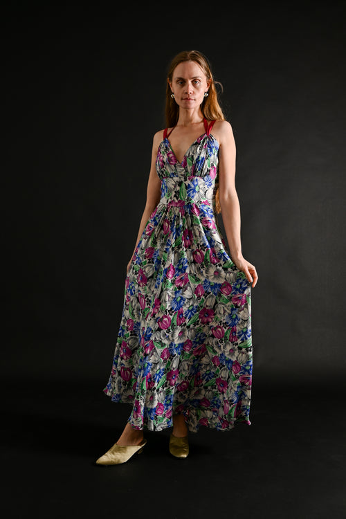 1930s Vivid Floral Rayon Crepe Gown [xs/sm]