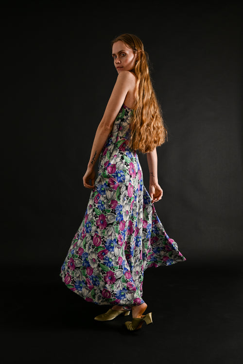 1930s Vivid Floral Rayon Crepe Gown [xs/sm]