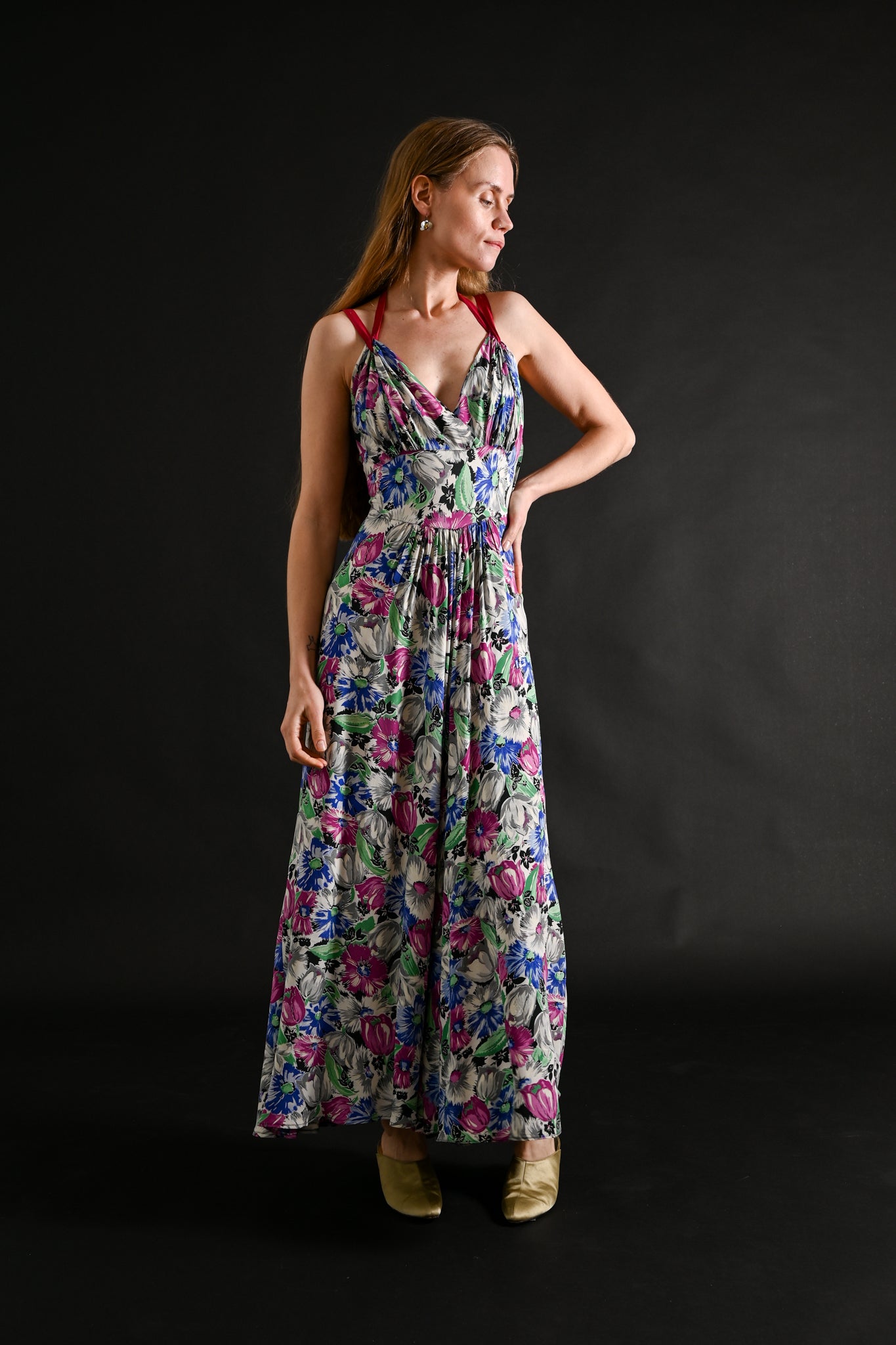 1930s Vivid Floral Rayon Crepe Gown [xs/sm]