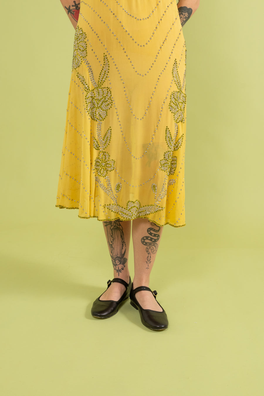 1920s Chartreuse Silk Diamanté Flapper Gown [xs/sm]