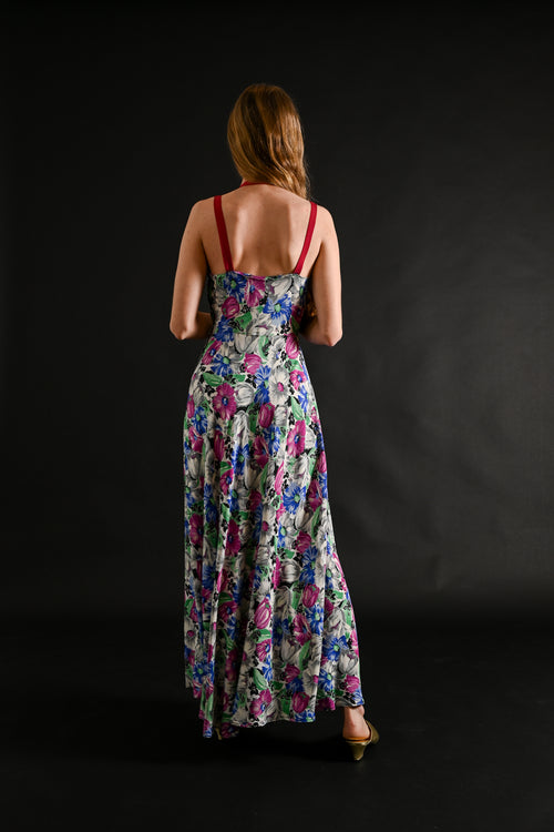 1930s Vivid Floral Rayon Crepe Gown [xs/sm]
