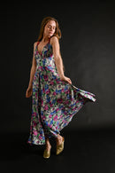 1930s Vivid Floral Rayon Crepe Gown [xs/sm]