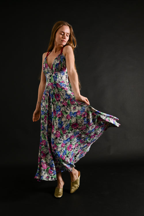 1930s Vivid Floral Rayon Crepe Gown [xs/sm]