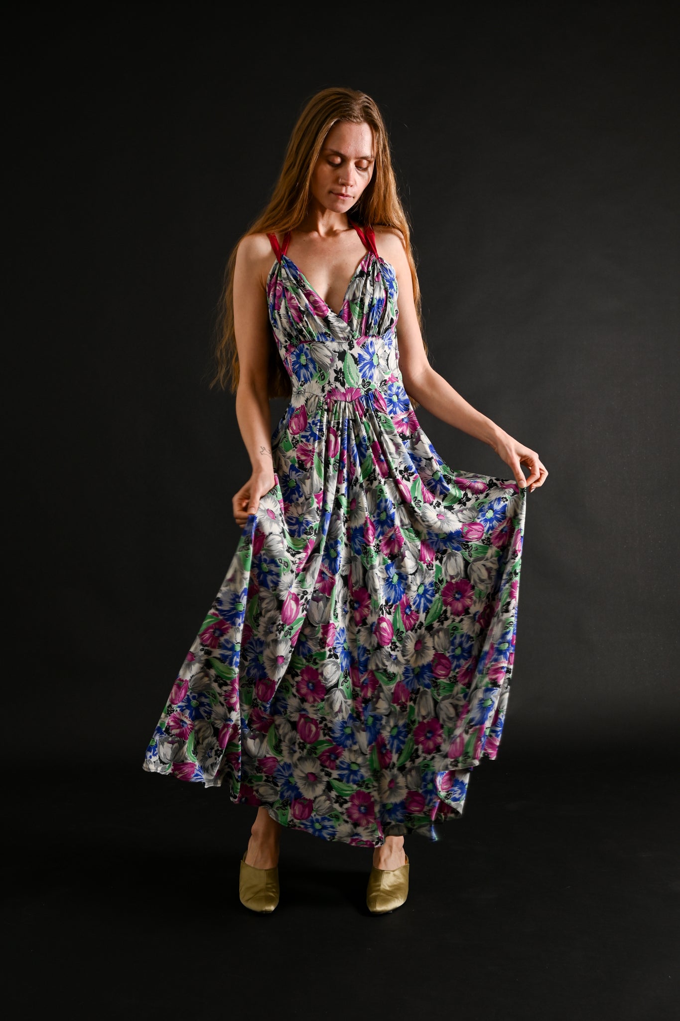 1930s Vivid Floral Rayon Crepe Gown [xs/sm]