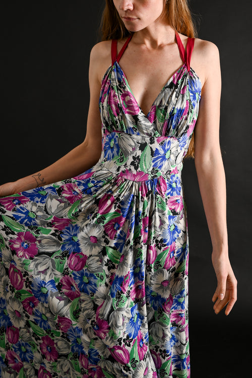 1930s Vivid Floral Rayon Crepe Gown [xs/sm]