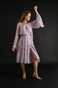 1975 Halston Couture Lavender Floral Silk Chiffon Dress + Scarf [xs/sm]